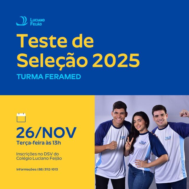 Prepare-se para o grande momento! 🚀
Chegou o momento que pode transformar o seu futuro! O Colégio Luciano Feijão abre as portas para quem quer ir mais longe. Se você sonha alto, é focado em resultados e está pronto para desafios, as Turmas Feramed são o seu lugar!💪🤩
🗓 Data: 26 de novembro (terça-feira)
⏰ Horário: 13h
📍 Local: Inscrições no DSV do Colégio Luciano Feijão
Não perca essa oportunidade única de dar o primeiro passo rumo à sua aprovação. Inscreva-se já e venha fazer parte da família CLF!💙